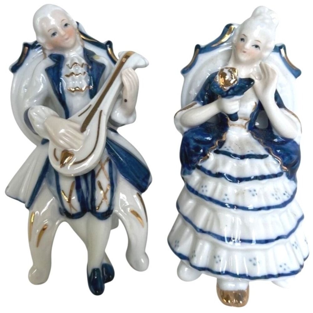 Vtg Victorian Couple Sitting Playing Mandolin White Blue‎ & Gold Porcelain